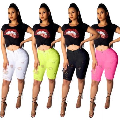 China Fashion Color Fade Proof Latest Candy Color Printing Hole Ripped Denim Short Pants Women for sale