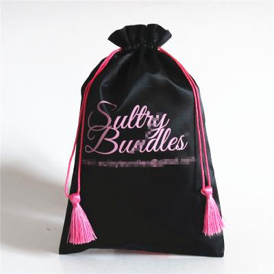 China Custom Wigs Logo Printed Black Hair Drawstring Silk Satin Wig Packaging Bags With Pink Tassel For Bundles for sale