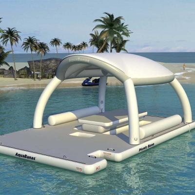 China PVC Summer Water Leisure Inflatable Platform Dock Inflatable Floating Water Entertainment Island With Tent for sale