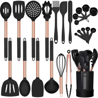 China Sustainable Silicone Cooking Spurtle Utensil Set Cooking Kitchen Tool Kit Heat Resistant Kitchen Cookware Copper Stainless Steel Handle for sale