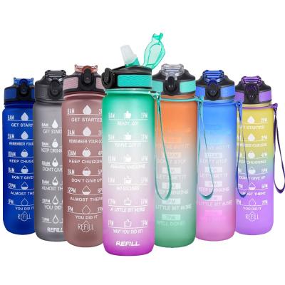 China 32 oz Sports Stocked Water Bottle with Straw and Time Marker, Carry Strap, Fits in Cup, Backpack, All Day Increase Water Intake for sale