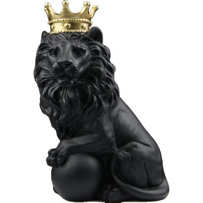 China Europe Lion Sculpture King of Forest Lion Statue with Gold Crown Animal Figure for Home Office Study Decor Black Size 25x13x18.5cm for sale