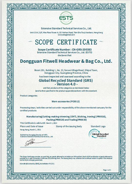 GRS - Dongguan Fitwell Headwear & Bag Co., Ltd.