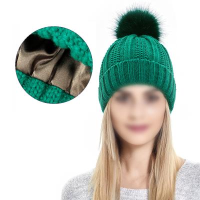 China JOINT Wholesale Custom Pompom Knitted Women's Pompom Winter Satin Striped Beanie Hat for sale