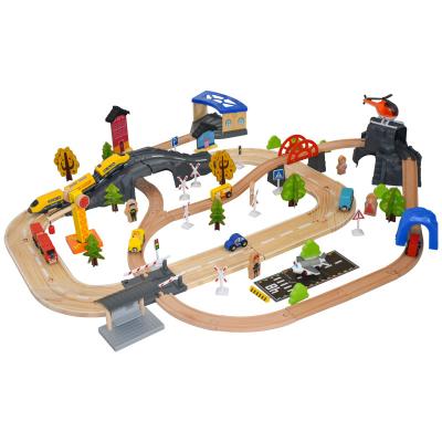 China Double Lift Bridge Slot Overpass Bridge Wooden Train Tracks Railroad Toys 128pcs Barrier Toys Set for sale