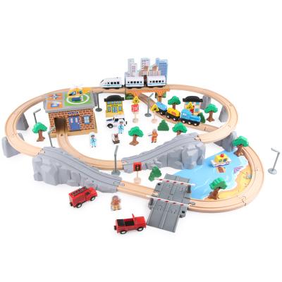 China Big Track Slot Toy 95pcs Toy Set Christmas Wooden Train with Board Wooden Toy Block Rail Traffic for sale