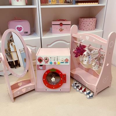 China Pretend Play Toys Simulation Wooden Furniture Hanger Floor Mirror Washing Machine Pink Gift Play House Toy for sale