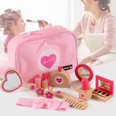 China Improve Hot Selling Kid's Manual Ability Wooden Makeup Role Play Dresser Toys Cosmetic Bag For Girls for sale