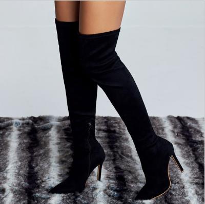 China Fashion Breathable Black Zipper Thigh High Boots Thin High Heels Women Pointed Toe Over Knee Heels Shoes Plus Size 35-42 for sale