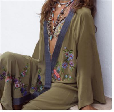 China 2021 Summer Bohemian Print Half Sleeve Kimono Cardigan Cotton Tunic Breathable Long Women Beach Wear Tops Blouse Shirt for sale