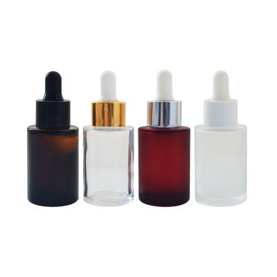 China 20ml 30ml 50ml 100ml Flat Shoulder Essential Oil Cosmetic Serum Frosted Clear Amber Glass Dropper Bottle With Pipette for sale