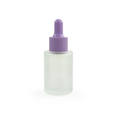 China 30ml Cosmetic Essential Oil Frosted Clear Glass Dropper Bottle With Purple Collar Dropper Cap for sale