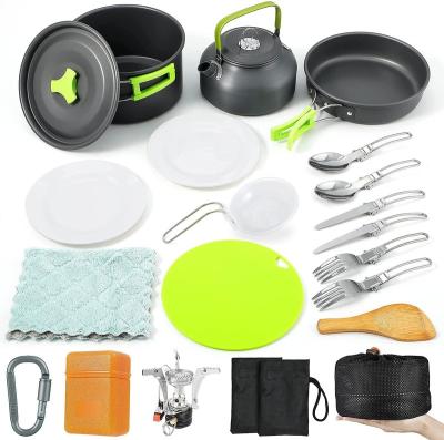 China Portneer Stocked Camping Cooking Set With 18Pcs Folding Camping Stove Camping Pots And Pans Set With Lightweight Anti-stick Kettle Dish for sale