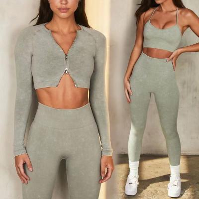 Cina Zip Ribbed Women Sports Set Long Sleeve Yoga Cropped Top Shorts And Breathable Leggings in vendita