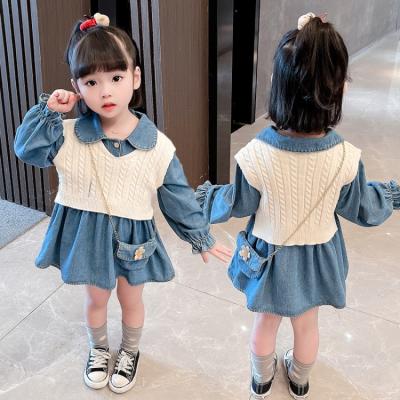 Китай Girl Autumn Children Casual Suits Fashion Jeans Princess Dress Knitted Vest With Bag продается