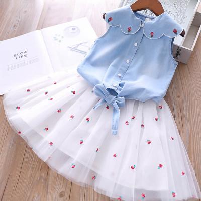 China Hotsale Girls' Dress Sets Flower Embroidered Lapel Top+Net Yarn Skirt 2PCS Suit Princess Baby Kids Clothes for sale