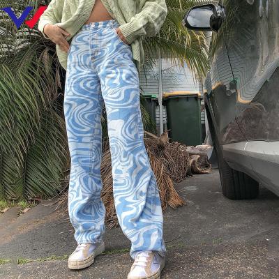 China Custom Women QUICK DRY Printing High Waist Y2K Denim Pants Jeans Ladies Slim Loose Pants Cloud Ink Tie Dye Streetwear Long Pants for sale