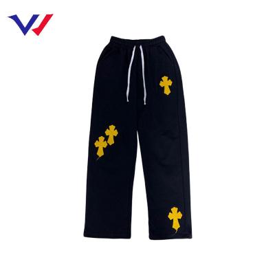 China Wholesale Logo Embroidery Chenille Fashion 3D Transfer Anti-wrinkle Heat Cross Street Retro Flocking Straight Pants For Men for sale