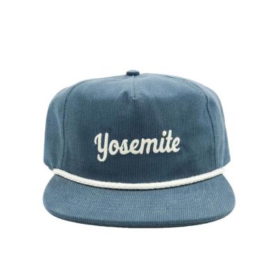 China Embroidered Logo Corduroy Hat Flat Brim Cap With Rope 5 Panel Cap Snapback Hat 5 Panel Cap for sale