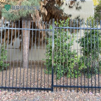 China Modern Ornamental Backyards Welded Tube Rod Top Wrought Iron Steel Picket Fence Panel 40*40mm and 45*45mm Rail Size for sale