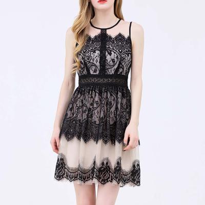 China HKRED sexy lace dress new V-neck mid-waist lace short skirt solid color breathable temperament black commuter for sale