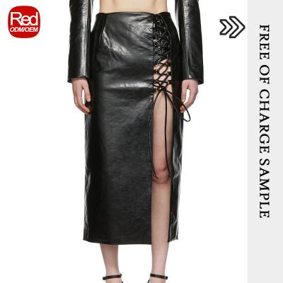 China RedHK Breathable Custom Made High Quality New Arrive Leather Skirt Women Bangde Long Leather Skirt Woman String Cut Split Black Leather Skirt for sale