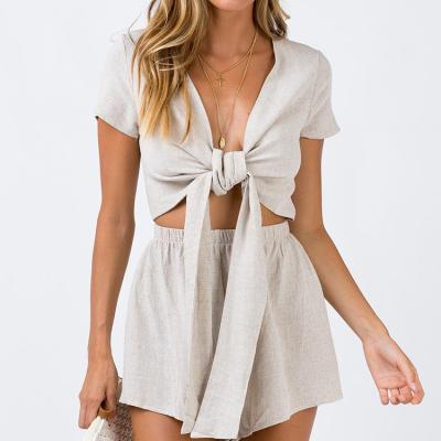 China HKRED QUICK DRY Canvas Cavity Tie Front Bust Mini Cut Out Romper Women Casual Jumpsuit Gray Summer Women Playsuit for sale