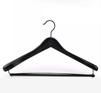 China New Eco-friendly Wholesale Black Wooden Wetsuit Clothes Hanger Hangers With Locking Bar for sale