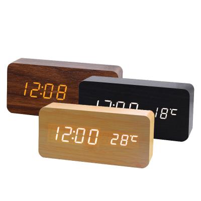 China Decoration Antique Desk Table Home Style Wooden Led Digital Alarm Clock with Temperature and Voice Control for sale