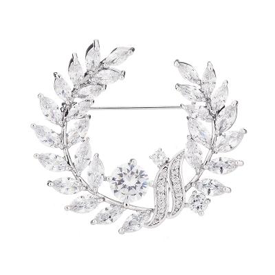 China Crystal Olive Branch Brooch Luxury Women white Crystal Brooches Rhinestone Leaves Brooch Zicon white Olive Branch Brooch For Women for sale