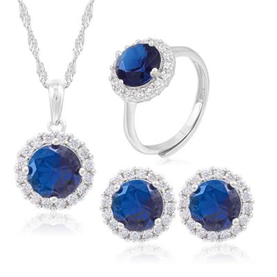 China Blue Stone Pendant Necklace Earrings Rings Jewelry Sets Luxury 925 Sterling Silver Pendant Necklace Earrings RingsJewelry Sets 925 Silver Round Shape Jewelry Sets For Women for sale