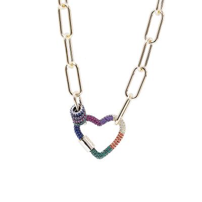 China Rainbow Heart Shape Pendant Necklace Gold Plated Cuban Chain Women Full Diamond Rainbow Necklace For Women Jewelry Heart Shape Necklaces for sale