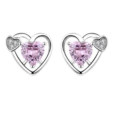 China Sterling Sliver Earrings with Pink Stone 925 Earrings Jewelry Sterling Silver Pink Crystal Earrings Silver 925 Heart Shape Pink Stone Earrings for Girls for sale