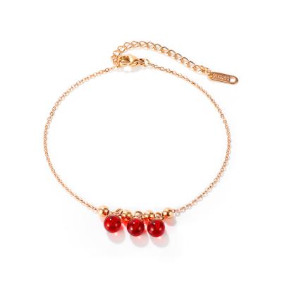 China Fashionable Rose Gold Plated Foot Jewelry High Quality Anklets Red Glass Crystal Beaded Stainless Steel Anklet Women for sale