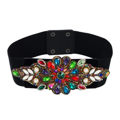 China Colorful Decorative Elastic Crystal Waistbelt Trendy Luxury Bling WaistBelt Crystal Waist Belt Rhinestone Wide For Women Dress for sale