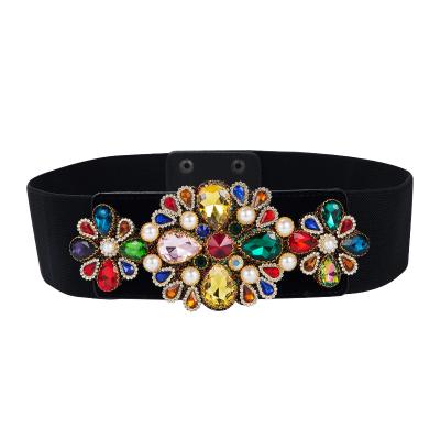 China Crystal Waistbelt Luxury Waistband Bling Colorful Flower Rhinestone Elastic Waistband Decoration Elastic Waistband Crystal Wide Belt For Women for sale