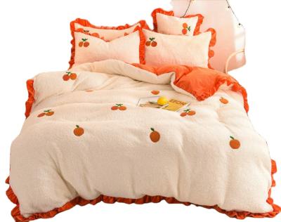 China Bestselling Nondisposable and New Design Fashion Cartoon Embroidered Cashmere Duvet Cover Bedding Set by Hot Pattern for Winter Orange for sale