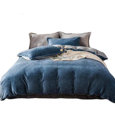 China New Nondisposable Thickened Milk Velvet Embossed Four Piece Crystal Velvet Super Soft Warm Solid Color Duvet Cover Bedding Set - Dark Blue for sale