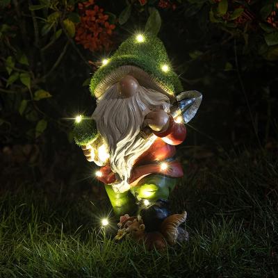 China Handmade Solar Garden Gnome With Moss On Hats Outdoor Dwarf Funny Statue Gnome Figurine Resin Sculptures With LED Lights Gardening Gift for sale