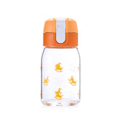 China Viable custom clear logo cartoon small cute glass milk drink glass water bottle with lid for kids for sale