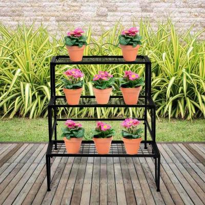 China New Idyllic Flower Stand Ladder 2 Tier Wedding Indoor Tall Gold Iron Metal Shelf Rack Display Designs Planter Potted Plant Flower Stand for sale