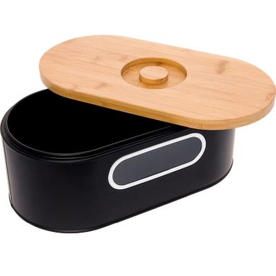 China Sustainable Kitchen Black Disposable Metal Bread Bin Cut Board Bamboo Bread Box for sale