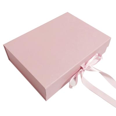 China Recycled Logo Luxury Hot Sale Custom Cardboard Materials Magnetic Folding Gift Box Packaging Printing Magne Foldable Pink Gift Box With Ribbon for sale