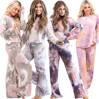 China Plus size 2021 casual autumn winter sports sets tie dye long sleeve two piece long pants plus size sweatshirt women pajamas for sale