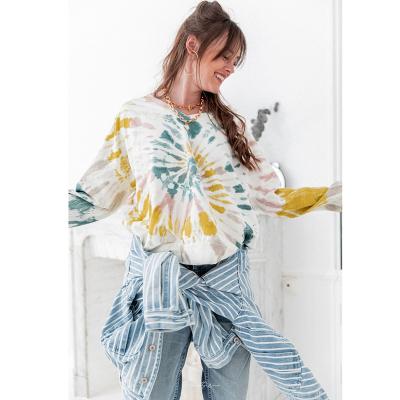 China 2021 New Wholesale Tie Dye Dry Cleaning Long Sleeve V Neck Ladies Sweater Shirt for sale