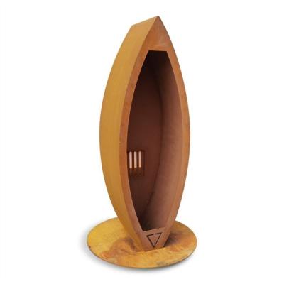 China Large Garden Corten Steel Structure Sinking Canoe Shape Wood Storage Sculpture for sale