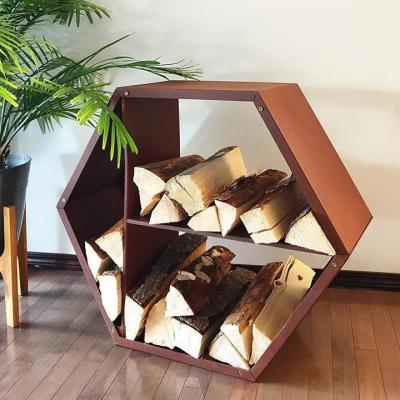 China Outdoor Fireplace Hexagonal Wood Stacking Corten Steel Firewood Log Rack for sale