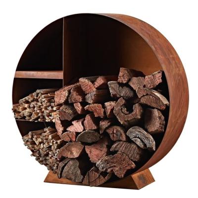 China 120cm Decorative Rustic Circular Log Store Corten Steel Firewood Holder for sale