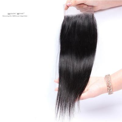 China Natural Hair Size 4x4 Pre Plucked Brazilian Straight Lace Closure Hair Piece Middle Lace Top Closure for sale