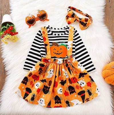 China Polyester Hg Girls Halloween Costume Long Sleeve Kids Hallow Back Strap Pumpkin Skirt Halloween Turban for sale